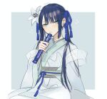  1girl aqua_eyes blue_hair blue_ribbon blush border chinese_clothes closed_mouth earrings fate/grand_order fate_(series) flower grey_background hagoromo hair_flower hair_ornament hair_ribbon hanfu holding jewelry jing_ke_(fate) kanitama_(putyourhead) light_smile long_sleeves looking_at_viewer outside_border pinky_out ribbon sash scroll_tube shawl sidelocks simple_background sitting solo tassel white_border white_flower 