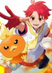  1boy :d blurry blush brown_eyes buttons crispin_(pokemon) fire frying_pan gloves happy highres jacket male_focus minoru_(minomugicha) neckerchief open_mouth partially_fingerless_gloves pokemon pokemon_sv red_gloves red_hair red_pupils short_hair short_sleeves shorts smile teeth tongue torchic white_background white_jacket yellow_neckerchief 