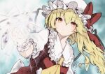  1girl ascot blonde_hair bow crystal flandre_scarlet frilled_shirt_collar frills hat hat_bow highres long_hair looking_at_viewer mob_cap parted_lips qqqrinkappp red_bow red_eyes red_vest shirt short_sleeves side_ponytail solo touhou upper_body vest white_headwear white_shirt wings wrist_cuffs yellow_ascot 