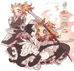 2boys alternate_costume apron arm_up black_dress black_footwear blonde_hair brothers cherry closed_mouth coffee_cup colored_tips commentary_request cream_soda crossdressing cup disposable_cup dress enmaided food forked_eyebrows frilled_apron frills fruit full_body highres holding holding_menu holding_sword holding_weapon juliet_sleeves katana kimetsu_no_yaiba long_sleeves maid maid_apron maid_headdress male_focus male_maid menu meremero multicolored_hair multiple_boys omelet omurice open_mouth pancake pancake_stack plate pudding puffy_sleeves red_hair rengoku_kyoujurou rengoku_senjurou shoes siblings sitting smile standing sword weapon white_apron white_background 