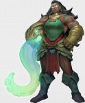  1girl absurdres bare_shoulders black_footwear black_hair breasts brown_pants dark-skinned_female dark_skin earrings full_body glowing glowing_eyes green_eyes highres holding holding_weapon illaoi jewelry large_breasts league_of_legends long_hair muscular muscular_female pants solo stnpnk tentacles weapon 