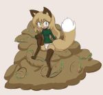 anthro averi_(fiddleafox) brown_body brown_fur canid canine clothing dipstick_tail female female_anthro food fox fur gloves_(marking) green_eyes hair hand_on_knee hand_on_leg leg_markings looking_at_viewer mammal markings panties pile_of_food simple_background sitting socks_(marking) solo tail tail_markings underwear unknown_artist white_body white_fur