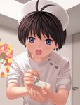  antenna_hair blue_eyes brown_hair feeding hat idolmaster idolmaster_(classic) idolmaster_1 kikuchi_makoto nekopuchi nonowa nurse nurse_cap open_mouth poster_(object) pov_feeding short_hair solo spoon 