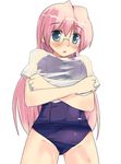  blue_eyes crossed_arms glasses lucky_star no_pants non-web_source one-piece_swimsuit pink_hair school_swimsuit see-through solo swimsuit swimsuit_under_clothes takara_miyuki 