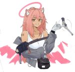  1girl animal_ear_fluff animal_ears arknights bag barcode barcode_tattoo bare_shoulders cosplay dokonjou_(odossan) earrings gravel_(arknights) gun hair_between_eyes jacket jewelry long_hair long_sleeves looking_at_viewer open_clothes pink_hair prairie_dog_girl simple_background smile solo spuria_(arknights) spuria_(arknights)_(cosplay) tattoo twirling_gun twirling_weapon weapon 