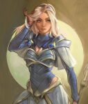  1girl blonde_hair blue_eyes blue_hairband breasts capelet cleavage closed_mouth cowboy_shot gem hairband hand_in_own_hair hand_up highres holding holding_staff league_of_legends long_hair lux_(league_of_legends) shoulder_plates sideways_glance skirt smile solo staff stnpnk white_capelet white_skirt 