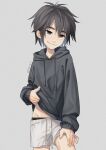  1boy big_hero_6 black_hair black_hoodie black_male_underwear brown_eyes closed_mouth clothes_lift drawstring grey_background hair_between_eyes highres hiro_hamada hood hood_down hoodie kusatta_shake_(syake_girk) lifted_by_self male_focus male_underwear shorts simple_background smirk solo twitter_username underwear white_shorts 