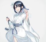  1girl black_hair blue_eyes blunt_bangs bottle chinese_clothes cup drinking_glass earrings fate/grand_order fate_(series) flower glass_bottle hagoromo hair_flower hair_ornament hanfu holding holding_bottle holding_cup jewelry jing_ke_(fate) kanitama_(putyourhead) long_hair long_sleeves looking_at_viewer open_mouth ponytail sash shawl shot_glass sidelocks simple_background smile solo white_background white_flower wide_sleeves 
