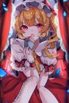  1girl ascot blonde_hair cowboy_shot crystal cupcake dress flandre_scarlet food hat highres looking_at_viewer medium_hair open_mouth red_eyes red_nails side_ponytail solo touhou user_jzes5323 yellow_ascot 