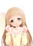  1girl animal_ears arched_bangs blunt_bangs brown_hair cat_ears cat_tail collarbone commentary_request fingernails green_eyes highres hood hoodie hosizora_mikoto ichihara_nina idolmaster idolmaster_cinderella_girls long_hair long_sleeves looking_at_viewer open_mouth solo tail upper_body white_background yellow_hoodie 