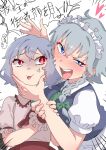  2girls anger_vein apron ascot blue_eyes blue_vest blush bow braid breasts cheek_squash collared_shirt crossed_bangs emphasis_lines fangs flat_chest green_bow grey_hair hair_bow heart heart-shaped_pupils highres holding_another&#039;s_head holding_another&#039;s_wrist izayoi_sakuya large_breasts looking_at_another maid maid_headdress medium_hair multiple_girls no_headwear open_mouth pink_shirt puffy_short_sleeves puffy_sleeves red_ascot red_eyes remilia_scarlet shaded_face shirt short_hair short_sleeves sideways_glance skin_fangs sobayu_to_tenpura symbol-shaped_pupils teeth touhou translation_request upper_teeth_only vest waist_apron white_shirt wrist_cuffs 