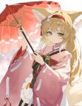  1girl absurdres animal_ears apron arknights blonde_hair closed_mouth colored_tips commentary_request flower fox_ears fox_girl fox_tail green_eyes hair_flower hair_ornament hairband highres holding holding_umbrella japanese_clothes kimono long_hair long_sleeves looking_at_viewer multicolored_hair nihnfinite8 official_alternate_costume pink_kimono pinwheel red_hairband red_umbrella solo suzuran_(arknights) suzuran_(yukibare)_(arknights) tail two-tone_hair umbrella upper_body white_apron white_background white_hair 