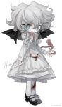  1girl black_wings blood blood_on_clothes blood_on_leg blue_eyes commission dress fetus frilled_sleeves frills full_body grey_hair guro highres intestines meyou_0319 original short_hair socks standing very_short_hair white_background white_dress white_socks wings 