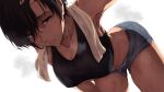  1girl alpha-type arm_up bent_over black_hair black_tank_top breasts brown_eyes collarbone commentary_request exercise hand_in_own_hair highres large_breasts lips looking_at_viewer messy_hair midriff mikasa_ackerman muscular muscular_female parted_lips shingeki_no_kyojin short_hair shorts simple_background solo steam steaming_body sweat tank_top thighs towel towel_around_neck very_sweaty white_background 
