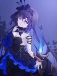  1girl bare_shoulders black_bow black_bowtie black_dress blue_fire bow bowtie breasts bug butterfly character_request cleavage closed_mouth commentary_request dress fire hair_between_eyes highres honkai_(series) honkai_impact_3rd long_hair medium_breasts potato_258 purple_background purple_eyes purple_hair simple_background smile solo strapless strapless_dress very_long_hair 