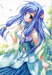  ariko_youichi blue_eyes blue_hair dress highres leaf long_hair majokko_a_la_mode_2 mireille_brilliant scan scan_artifacts solo 