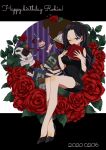  1girl black_dress black_hair book commentary_request crossed_legs dress flower food fork full_body happy_birthday high_heels highres invisible_chair light_smile long_hair nico_robin noise_pp one_eye_closed one_piece pastry plate purple_eyes red_flower red_rose rose short_dress sitting solo 