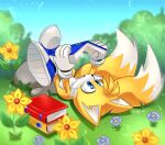 absurd_res anthro book canid canine clothing day dipstick_tail flower footwear fox fur gloves grass handwear hi_res lying male mammal markings miles_prower on_back plant rock rushklysolen sega solo sonic_the_hedgehog_(series) tail tail_markings white_body white_fur yellow_body yellow_fur