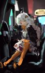  1girl absurdres ahoge animal_ears arcade arcade_cabinet arm_rest bag black_jacket blurry blurry_background bracelet braid cat_ears commentary_request dress fingerless_gloves full_body gloves grey_dress hair_ornament head_on_arm highres holding holding_bag indoors jacket jewelry kabuyama_kaigi kemonomimi_mode kfc kizuna_akari light_blush long_hair long_sleeves looking_at_viewer on_chair open_clothes open_jacket open_mouth orange_gloves orange_pantyhose pantyhose pinafore_dress plastic_bag purple_eyes shirt sitting sleeveless sleeveless_dress solo steering_wheel takeout_container vocaloid voiceroid white_hair white_shirt 