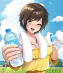  1girl absurdres bare_shoulders blue_sky blush bottle brown_hair building cloud collarbone day dripping field grass green_eyes highres holding house jewelry kashiko_mari kyamuu looking_at_viewer mountain mountainous_horizon necklace one_eye_closed open_mouth outdoors outstretched_arm re:act shirt short_hair short_sleeves sky smile solo summer sunlight sweat towel towel_around_neck upper_body very_sweaty virtual_youtuber water_bottle yellow_shirt 