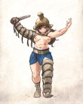  1girl abs absurdres arm_armor arms_up belt brown_eyes brown_hair gladiator helmet highres ironlily leg_wrap loincloth long_hair muscular muscular_female original roman_empire simple_background solo sword topless weapon 