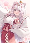  1girl 2024 animal_ear_fluff animal_ears breasts cat_ears hair_ornament hairclip hakama hakama_skirt highres japanese_clothes ksk_(semicha_keisuke) large_breasts long_hair miko nijisanji pink_eyes pink_hair red_hakama ribbon-trimmed_sleeves ribbon_trim shiina_yuika shiina_yuika_(3rd_costume) skirt solo v virtual_youtuber 