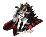  1boy bara black_hair cropped_torso dragon_boy dragon_horns finger_to_head fingernails fishing_hook_earrings furry furry_male fuxi_(housamo) g029off horns huge_eyebrows long_hair looking_at_viewer male_focus mutton_chops outstretched_hand smile solo tokyo_afterschool_summoners 