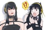  2girls absurdres allen_skies bare_shoulders black_dress black_hair breasts cleavage commentary cosplay dress earrings flower gloves gold_earrings gold_hairband hair_ornament hairband highres jewelry large_breasts long_hair multiple_girls red_eyes sidelocks smile spy_x_family street_fighter street_fighter_6 two-sided_dress two-sided_fabric yor_briar yor_briar_(cosplay) 