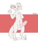 anthro balls domestic_ferret fur geary genitals gesture hair halbean hi_res horn hybrid knot male mammal mustelid musteline nervous_smile penis pink_horn pink_nose red_eyes simple_background solo tail true_musteline weasel