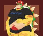 2024 absurd_res alnoodle anthro arm_hair barazoku beard belly biceps big_belly big_muscles body_hair border bowser bulge claws clothing english_text eyebrows facial_hair hair hairy happy_trail hi_res horn koopa leg_hair male mario_bros moobs musclegut muscular muscular_anthro muscular_male narrowed_eyes navel nintendo overweight overweight_anthro overweight_male pecs pubes red_background red_border scalie shell shirt simple_background solo spiked_shell spiked_tail spikes spikes_(anatomy) standing t-shirt tail teeth text text_on_clothing text_on_shirt text_on_t-shirt text_on_topwear thick_thighs topwear underwear