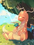 animal_focus artist_name blue_sky claws closed_eyes cloud colored_skin commentary_request dragon dragon_wings dragonite falling_leaves highres leaf no_humans on_grass orange_skin pokemon pokemon_(creature) rongai28 sitting sky sleeping tail tree twitter_username wings 
