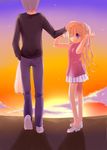  1girl air artist_request blonde_hair blue_eyes hair_ribbon kamio_misuzu kunisaki_yukito long_hair petting ribbon skirt sleeveless sunset 