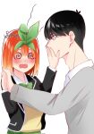  1boy 1girl @_@ antenna_hair black_hair black_jacket blush commentary couple covering_mouth embarrassed eyebrows_hidden_by_hair from_side go-toubun_no_hanayome green_ribbon hair_between_eyes hair_ribbon hand_over_another&#039;s_mouth hetero highres holding_hands interlocked_fingers jacket kaneko428suki long_sleeves medium_hair nakano_yotsuba nose_blush open_clothes open_jacket open_mouth orange_hair profile rejected_kiss ribbon school_uniform signature simple_background sweater_vest uesugi_fuutarou upper_body wavy_mouth white_background yellow_sweater_vest 