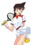  ball blue_eyes brown_hair long_hair meitantei_conan mouri_ran racket skirt skirt_lift solo sportswear tennis_ball tennis_racket tennis_uniform third-party_edit wind wind_lift 