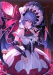  1girl alternate_costume armpit_cutout artist_name bare_shoulders bat_(animal) bat_wings blue_hair brooch castle clothing_cutout dress enoki_3106 frilled_dress frills full_moon highres jewelry looking_at_viewer moon night night_sky red_eyes red_moon remilia_scarlet short_hair sky solo touhou touhou_gensou_eclipse white_dress white_headwear wings 