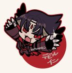  1boy :3 arms_up black_jacket black_pants cape chibi commentary devil_jin forehead_jewel glint grey_horns highres horns jacket kazama_jin kotorai male_focus no_nose open_mouth outline pants red_cape red_eyes red_outline signature solo tekken thick_eyebrows translation_request v-shaped_eyebrows white_background 