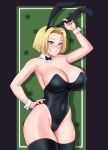  absurdres android_18 animal_ears black_bow black_bowtie black_leotard black_nails black_thighhighs blonde_hair blue_eyes bob_cut bow bowtie breasts cleavage covered_navel cowboy_shot detached_collar dragon_ball dragon_ball_(classic) fake_animal_ears green_background gummslime hand_on_own_hip highres large_breasts leotard nail_polish playboy_bunny rabbit_ears short_hair starry_background strapless strapless_leotard thighhighs wrist_cuffs 