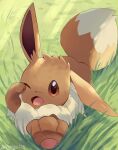  animal_focus artist_name brown_eyes brown_fur commentary_request dot_nose eevee highres mane no_humans on_grass one_eye_closed open_mouth pawpads pokemon pokemon_(creature) rongai28 tail twitter_username 