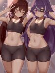  2girls absurdres alternate_costume arm_behind_back arm_up averting_eyes bike_shorts black_shorts black_sports_bra breasts brown_hair cameltoe chevreuse_(genshin_impact) commentary_request covered_nipples eyepatch flower-shaped_pupils genshin_impact hair_between_eyes heart highres hu_tao_(genshin_impact) long_hair looking_at_viewer multiple_girls navel nozora_yuzu puckered_lips purple_eyes purple_hair red_eyes shorts small_breasts sports_bra sweat symbol-shaped_pupils twintails v 