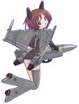  aircraft airplane ass blue_eyes brown_hair f-18_hornet looking_back mecha_musume military missile original panties short_hair solo takayaki thighhighs underwear 