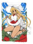  blonde_hair copyright_request dress dress_lift hat kotamaru_(pajama_soft) long_hair sketch skirt_basket solo tomato 