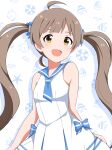  1girl animal_print bare_arms bare_shoulders bird blue_bow blue_neckerchief blue_sailor_collar boat_print bow breasts brown_hair commentary_request dot_nose dress drop_shadow fish_print hakozaki_serika idolmaster idolmaster_million_live! idolmaster_million_live!_theater_days looking_at_viewer neckerchief open_mouth sailor_collar sailor_swimsuit_(idolmaster) seagull simple_background sleeveless sleeveless_dress small_breasts smile solo starfish striped striped_bow trinitro_t twintails white_background white_dress yellow_eyes 