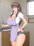  1girl apron breasts brown_hair cleavage curvy highres housewife huge_breasts kitchen knife long_hair milf solo yukijirushi_nyugyou 