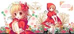  alcohol banned_artist basket bee bow bread bug bunny cape capelet fang flandre_scarlet flower food hair_bow hood insect konomi_(kino_konomi) little_red_riding_hood looking_at_viewer mushroom open_mouth plant red_eyes shirt side_ponytail skirt smile solo thighhighs touhou tree v_arms vines white_legwear wine wolf zettai_ryouiki 