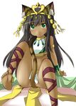  animal_ears ankle_lace-up armlet barefoot bastet_(p&amp;d) black_hair cat_ears cat_tail circlet crop_top cross-laced_footwear dark_skin egyptian feet green_eyes kaminagi_(kaminagi-tei) loincloth long_hair midriff no_panties puzzle_&amp;_dragons soles solo tail tail_censor toes wristband 