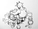 2024 4:3 absurd_res anthro backpack bovid caprine container cookware cup digitigrade ears_down faceless_character frying_pan hair hi_res holding_object hooves horn inktober inktober_2024 kitchen_utensils male mammal mug paper pivoted_ears rocky_mountain_goat solo tail tangerin4yon thermos tools traditional_media_(artwork) wavy_hair