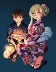  1boy 1girl aqua_eyes aqua_sash blonde_hair blue_background blush breasts brown_eyes brown_hair closed_mouth commentary_request fireworks full_body gradient_background hair_ornament hair_scrunchie highres holding holding_fireworks japanese_clothes kimono kuzuryuu_hanako large_breasts long_hair looking_at_another looking_at_viewer obi open_mouth pink_scrunchie red_kimono sandals saotome_hodaka sash scrunchie short_hair smile sogabe_toshinori sparkler squatting swept_bangs yankee_jk_kuzuhana-chan 