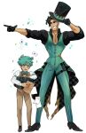  2boys absurdres ahoge antonio_satou black_footwear black_gloves black_hair black_shirt bow bowtie brown_eyes brown_pants brown_vest card checkered_clothes chest_hair collared_shirt facial_hair fairytale_police_hoe_department full_body gloves goatee_stubble green_bow green_bowtie green_eyes green_hair green_vest grin hat height_difference highres idoraad long_sleeves male_focus mature_male multiple_boys pants paper pectoral_cleavage pectorals puffy_sleeves satou_kotarou_(fairytale_police_hoe_department) shirt short_hair simple_background smile spade_(shape) sparkle stubble teeth thigh_strap top_hat transparent_background two-tone_eyes uncle_and_nephew undercut vest white_shirt 