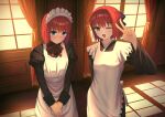  2girls apron blue_eyes blush glazearty hair_ribbon highres hisui_(tsukihime) interior kohaku_(tsukihime) looking_at_viewer maid maid_apron maid_headdress multiple_girls one_eye_closed own_hands_together red_hair ribbon short_hair siblings sisters smile tsukihime twins v wa_maid yellow_eyes 