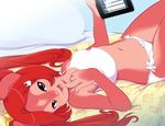  bedroom chipmunk clothed clothing female hair hair_ribbon hairclip jam_(miu) long_hair looking_at_viewer lying mammal miu navel on_back open_mouth panties red_hair rodent skimpy smile solo tongue tongue_out twintails underwear 